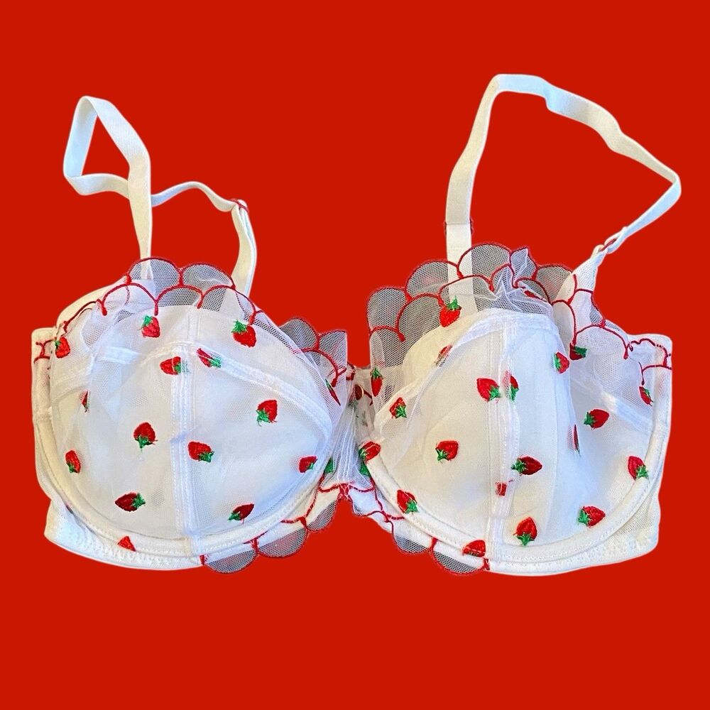 NWT Adore Me Sexy Underwire Bra White Lace & Trim Embroidered Strawberries 34DD